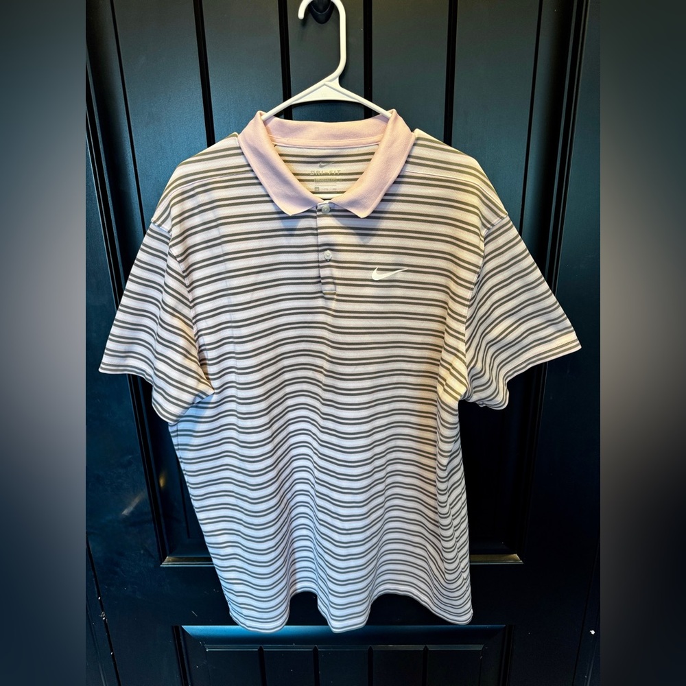 Nike Men's Polo Shirt - Pink and Gray Striped